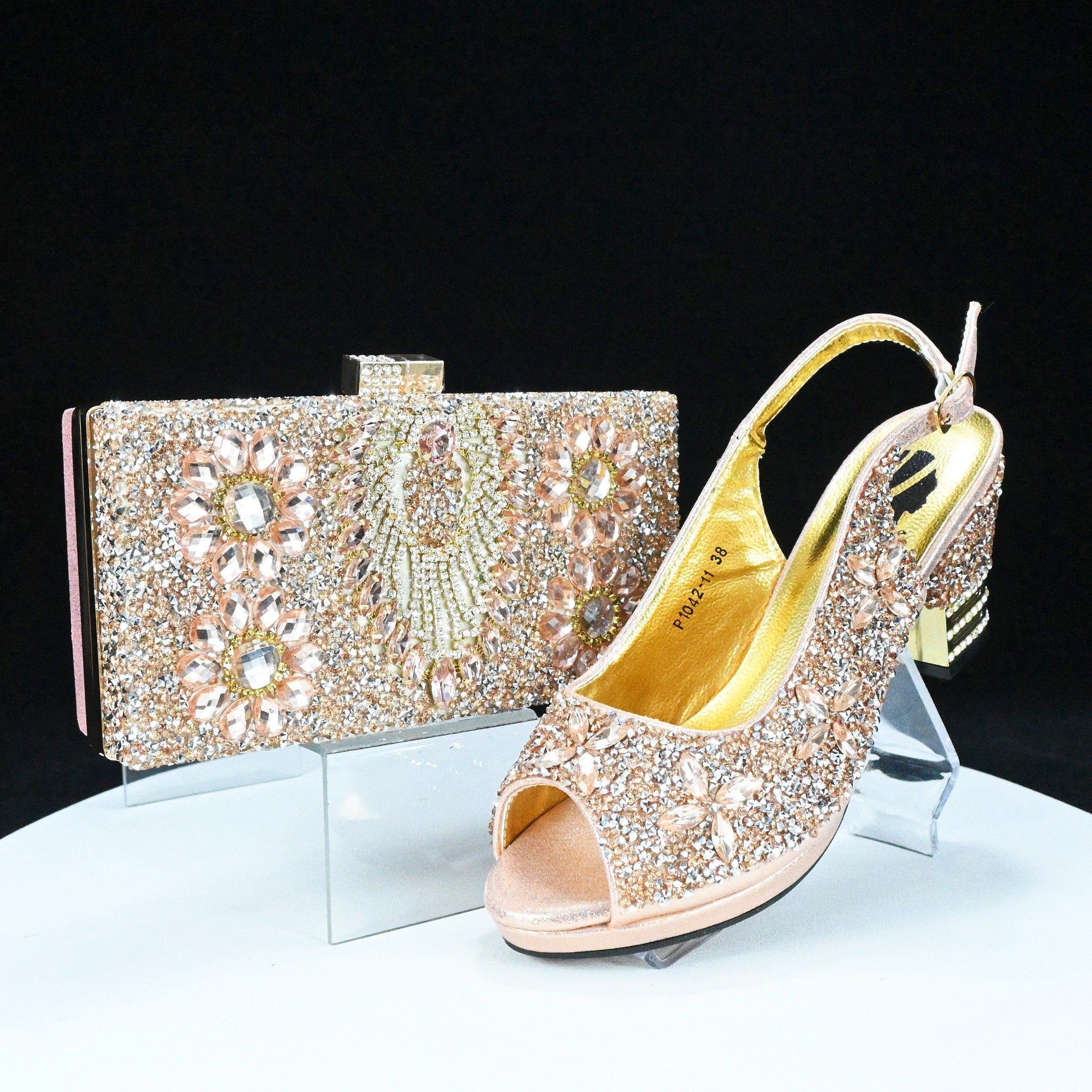 Rhinestone Chunky High Heel Casual Sandals With Clutch Bag,With RHhinestone,Diamond Evening Wedding