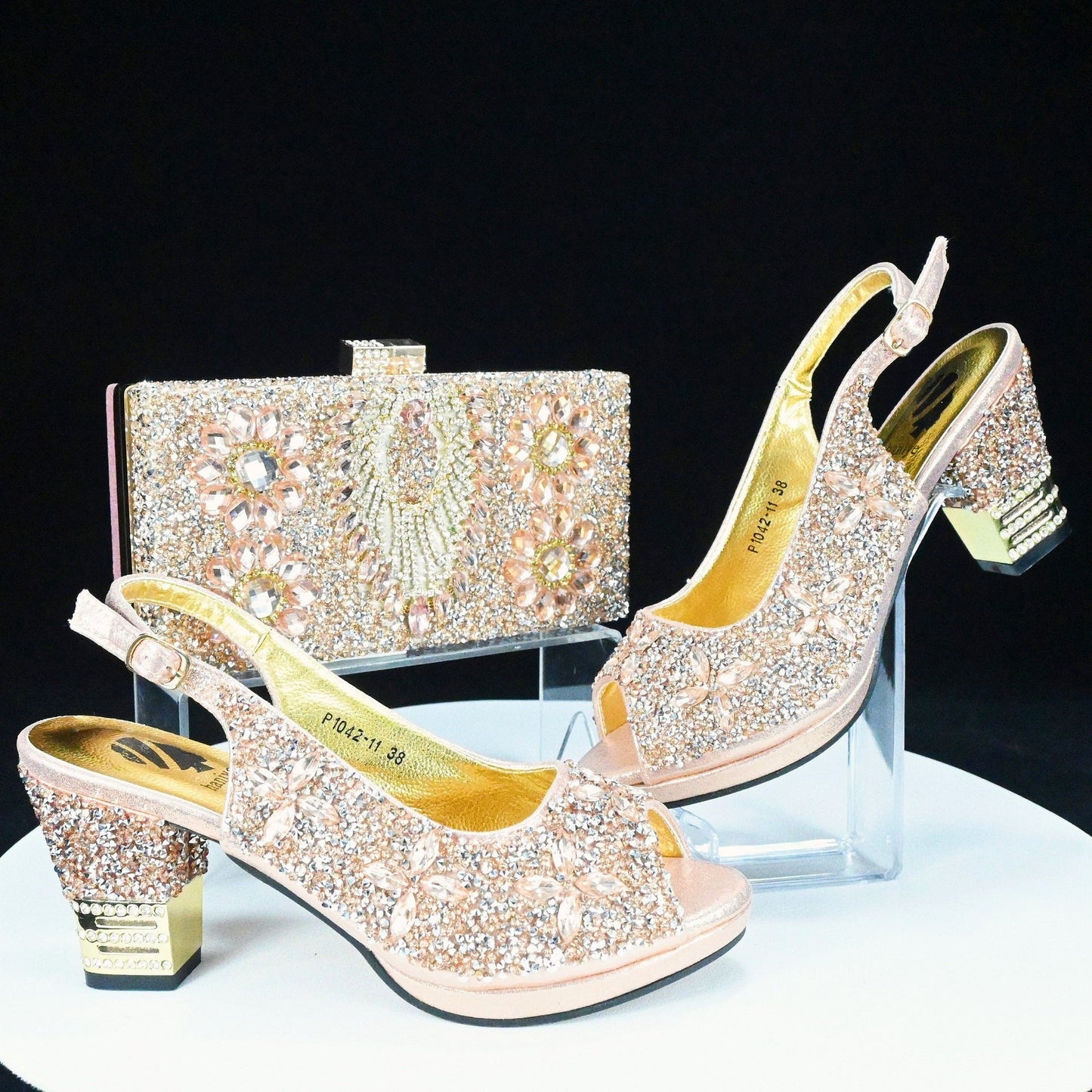 Rhinestone Chunky High Heel Casual Sandals With Clutch Bag,With RHhinestone,Diamond Evening Wedding