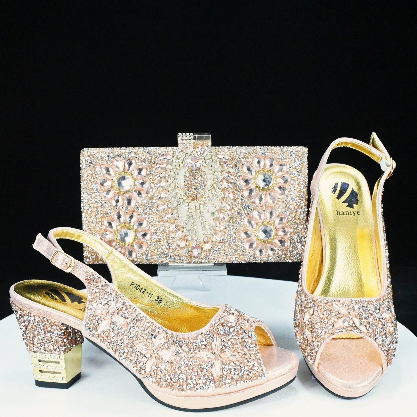 Rhinestone Chunky High Heel Casual Sandals With Clutch Bag,With RHhinestone,Diamond Evening Wedding