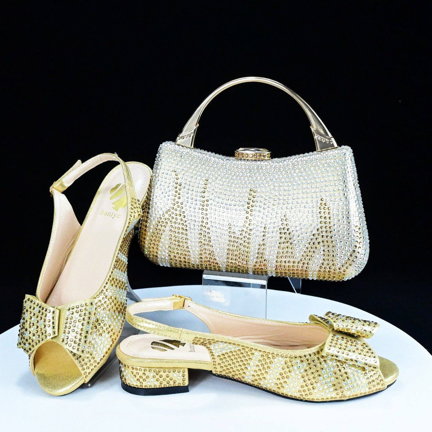 Low-Heeled Casual Daily Sandals With Handle Clutch Bag Rhinestones Women Shoes Set,Beautiful Party Shoe Rhinestone Decoration Women’s WL