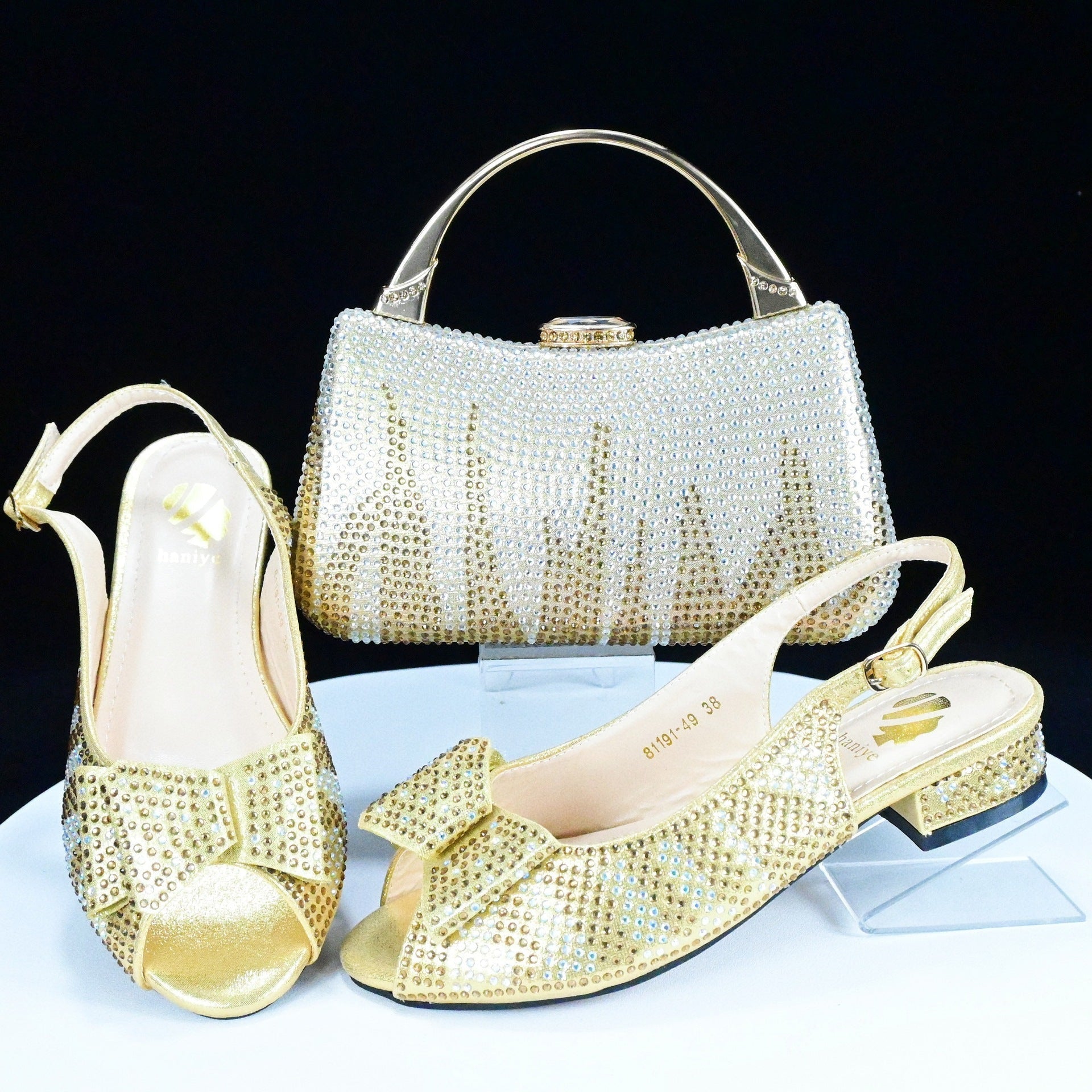 Low-Heeled Casual Daily Sandals With Handle Clutch Bag Rhinestones Women Shoes Set,Beautiful Party Shoe Rhinestone Decoration Women’s WL