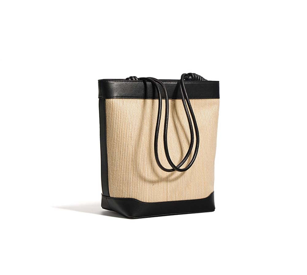 Womens Calfskin Leather Straw Bucket Large Shoulder Bag