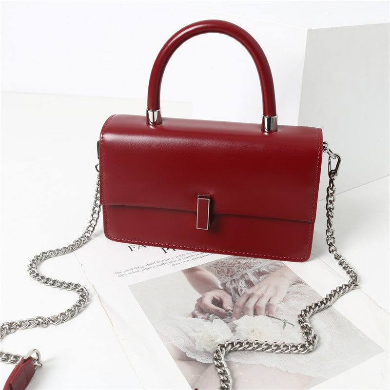 Womens Calfskin Leather Top Handle Chain Bag
