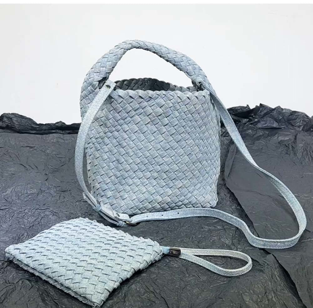 Womens Denim Woven Large Hobo Bucket Tote Bag With Pouch