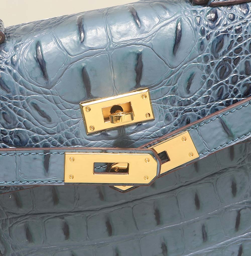 Womens Embossed Crocodile Pattern Calfskin Leather Padlock Shoulder Bag