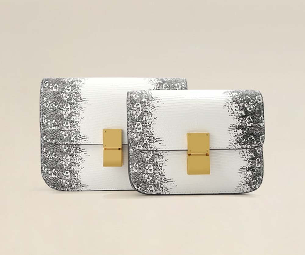 Womens Embossed Lizard Pattern Calfskin Leather Box Bag Himalaya White