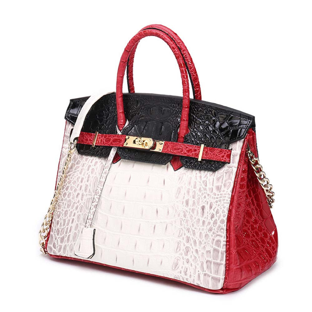 Womens Fashion Contrast Color Crocodile Pattern Padlock Tote Bag