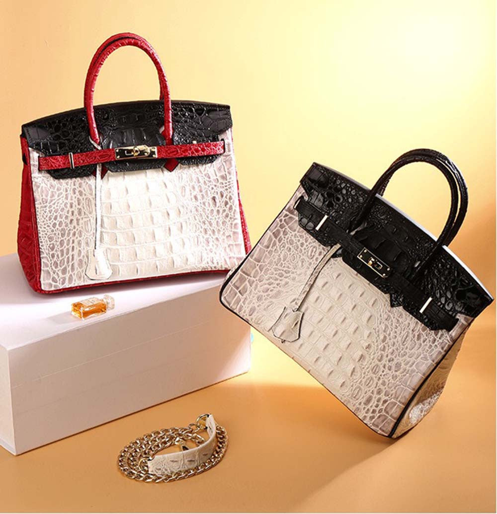 Womens Fashion Contrast Color Crocodile Pattern Padlock Tote Bag