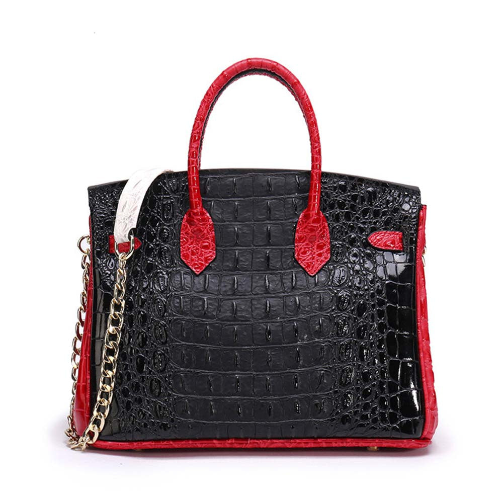 Womens Fashion Contrast Color Crocodile Pattern Padlock Tote Bag