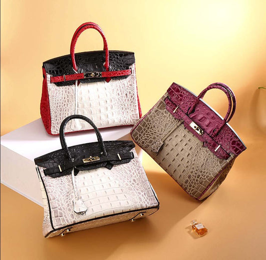 Womens Fashion Contrast Color Crocodile Pattern Padlock Tote Bag
