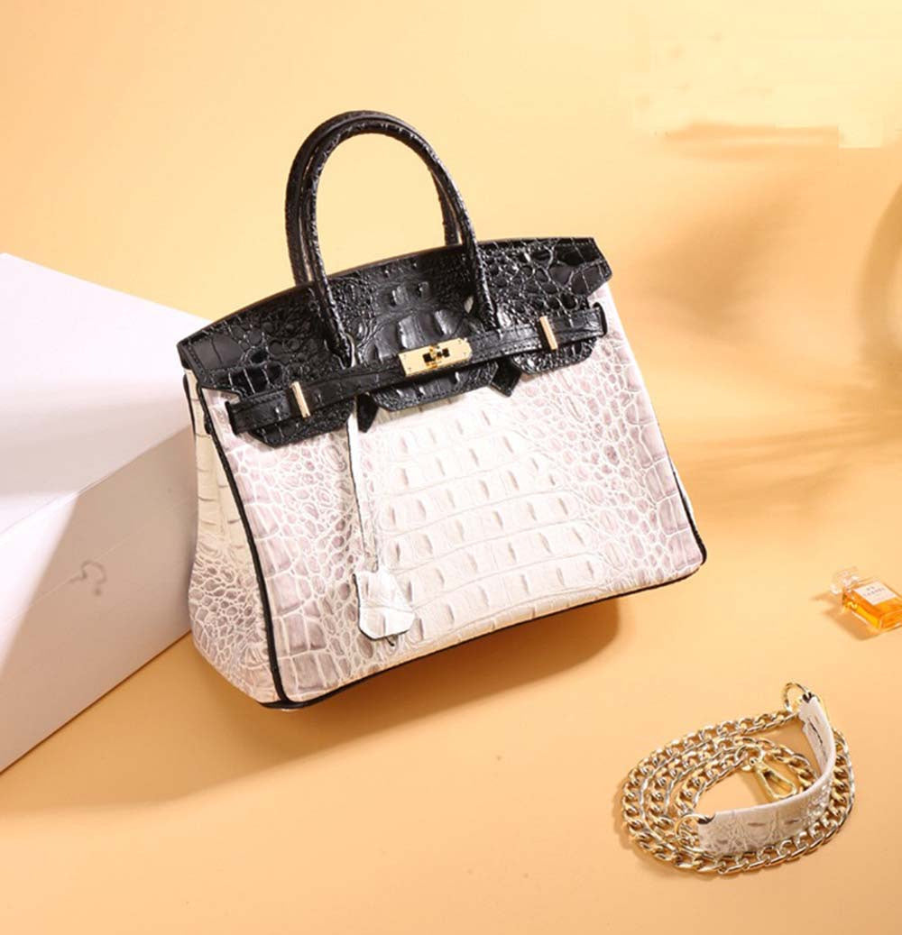 Womens Fashion Contrast Color Crocodile Pattern Padlock Tote Bag