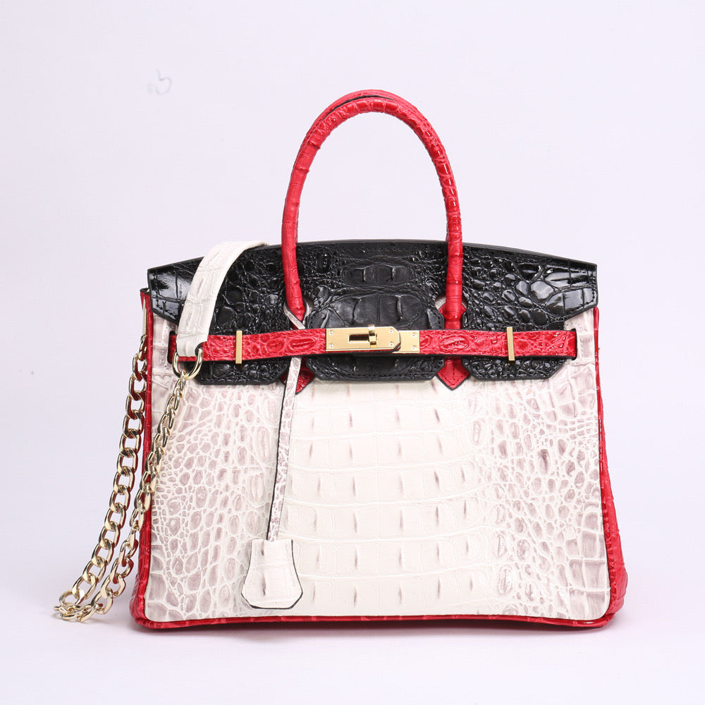 Womens Fashion Contrast Color Crocodile Pattern Padlock Tote Bag