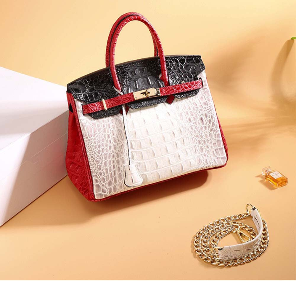 Womens Fashion Contrast Color Crocodile Pattern Padlock Tote Bag