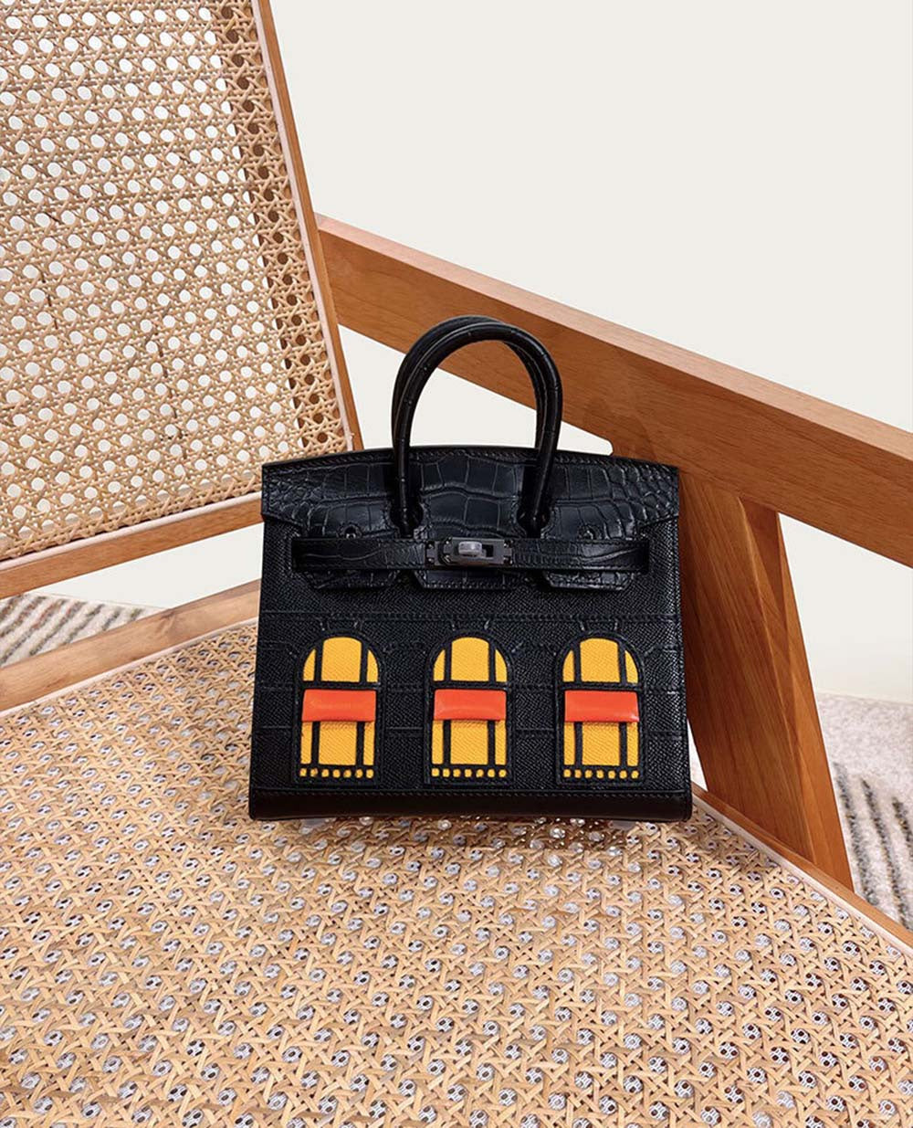 Womens Fashion Small House Stitching Style Crocodile Pattern Front Flap Padlock Multi Color Tote Bag