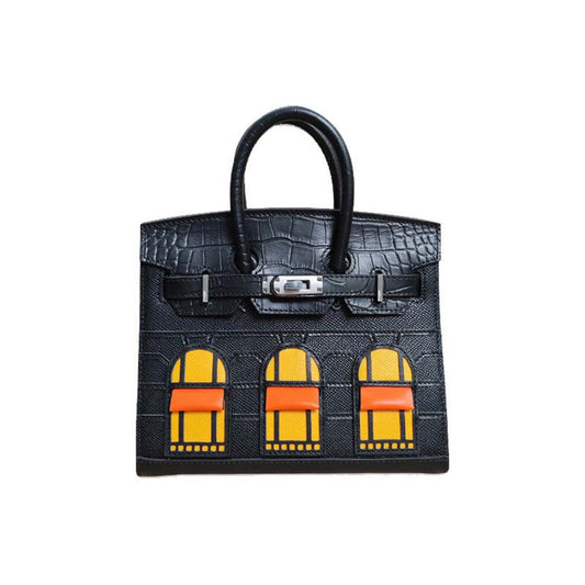 Womens Fashion Small House Stitching Style Crocodile Pattern Front Flap Padlock Multi Color Tote Bag