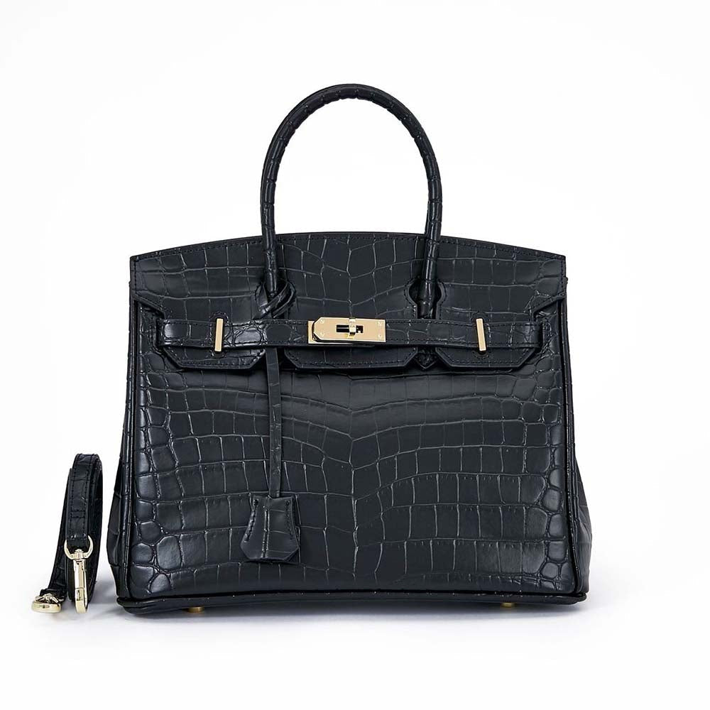 Womens Fashion Matt Embossed Crocodile Pattern Padlock Tote Bag