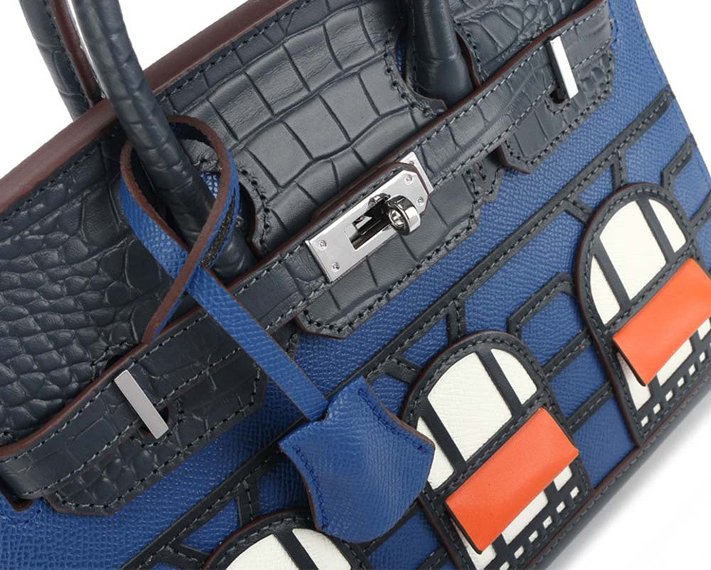 Womens Fashion Small House Contrast Stitching Crocodile Pattern Front Flap Padlock Tote Bag