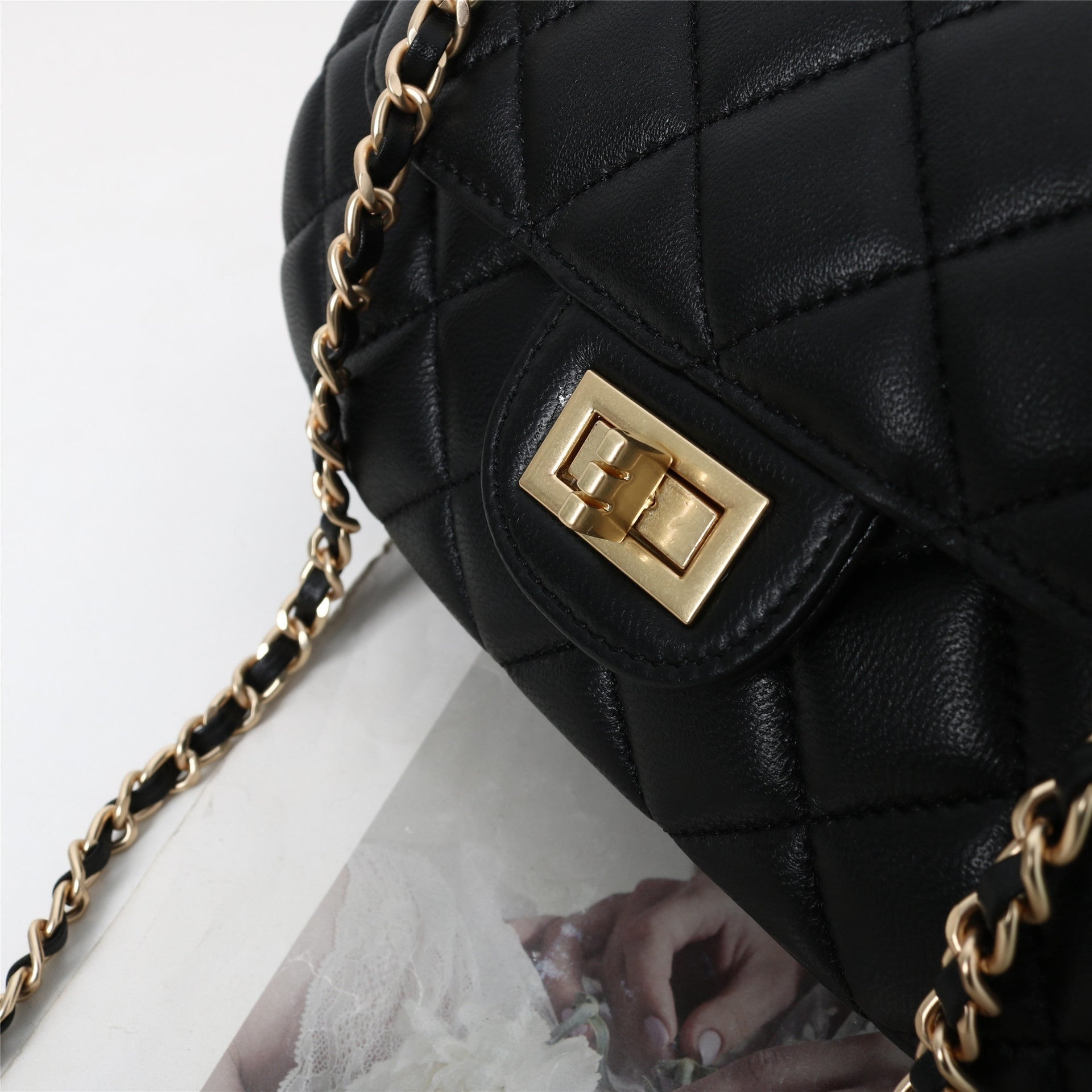 Womens Quilted Leather Cross Body Handle Flap Bag Black