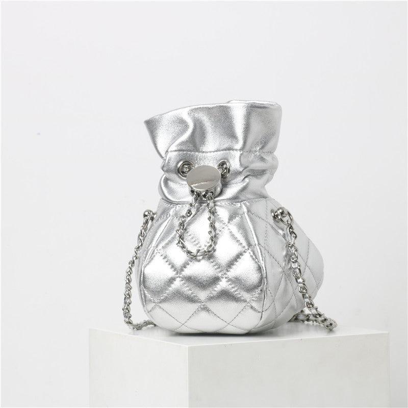 Womens Quilted Leather Mini Drawstring Bucket Bag