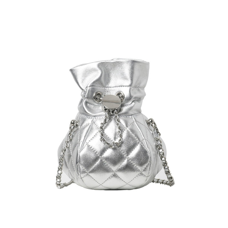 Womens Quilted Leather Mini Drawstring Bucket Bag
