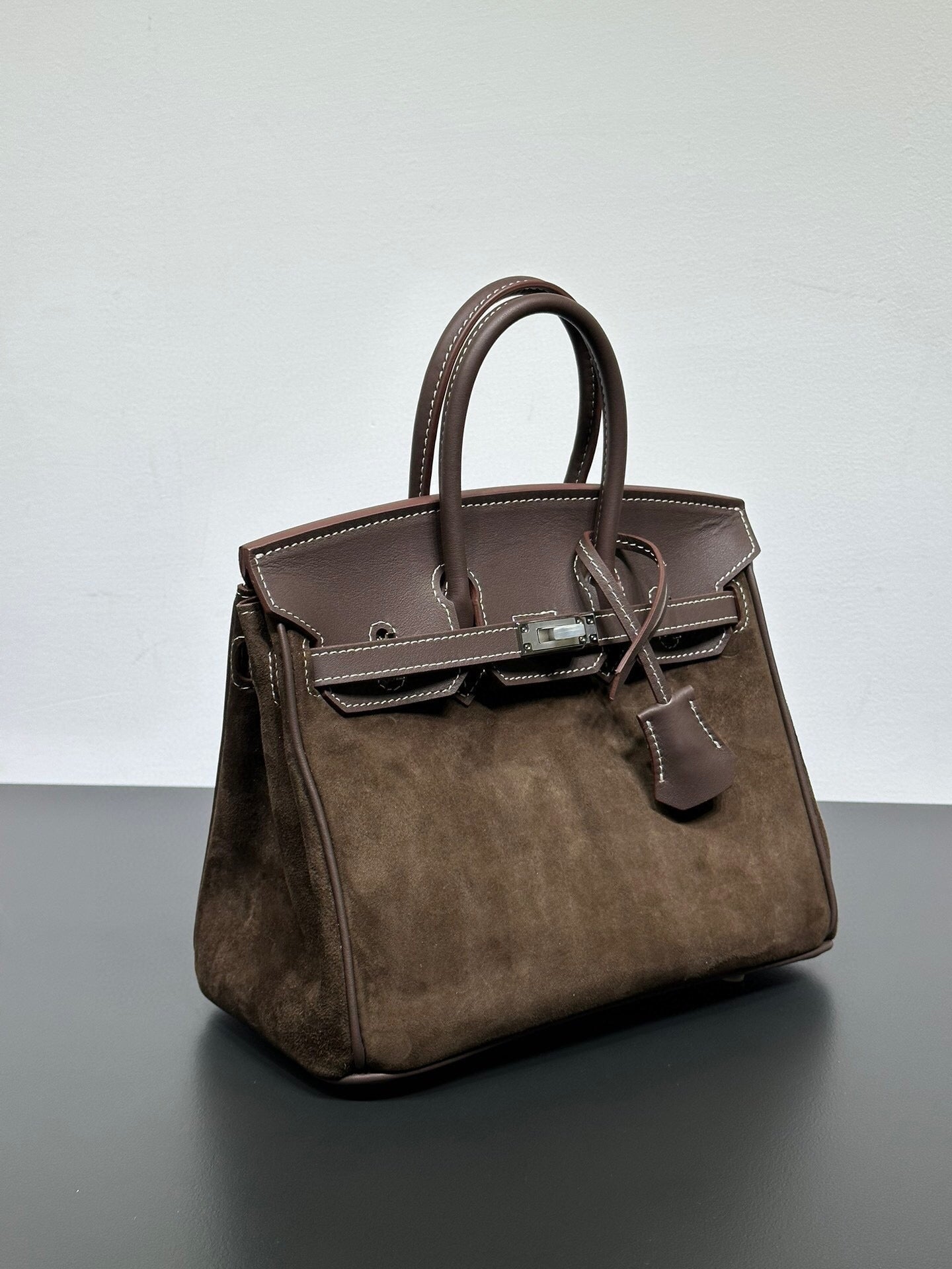 Womens Suede Leather Padlock Top Handle Bag Brown
