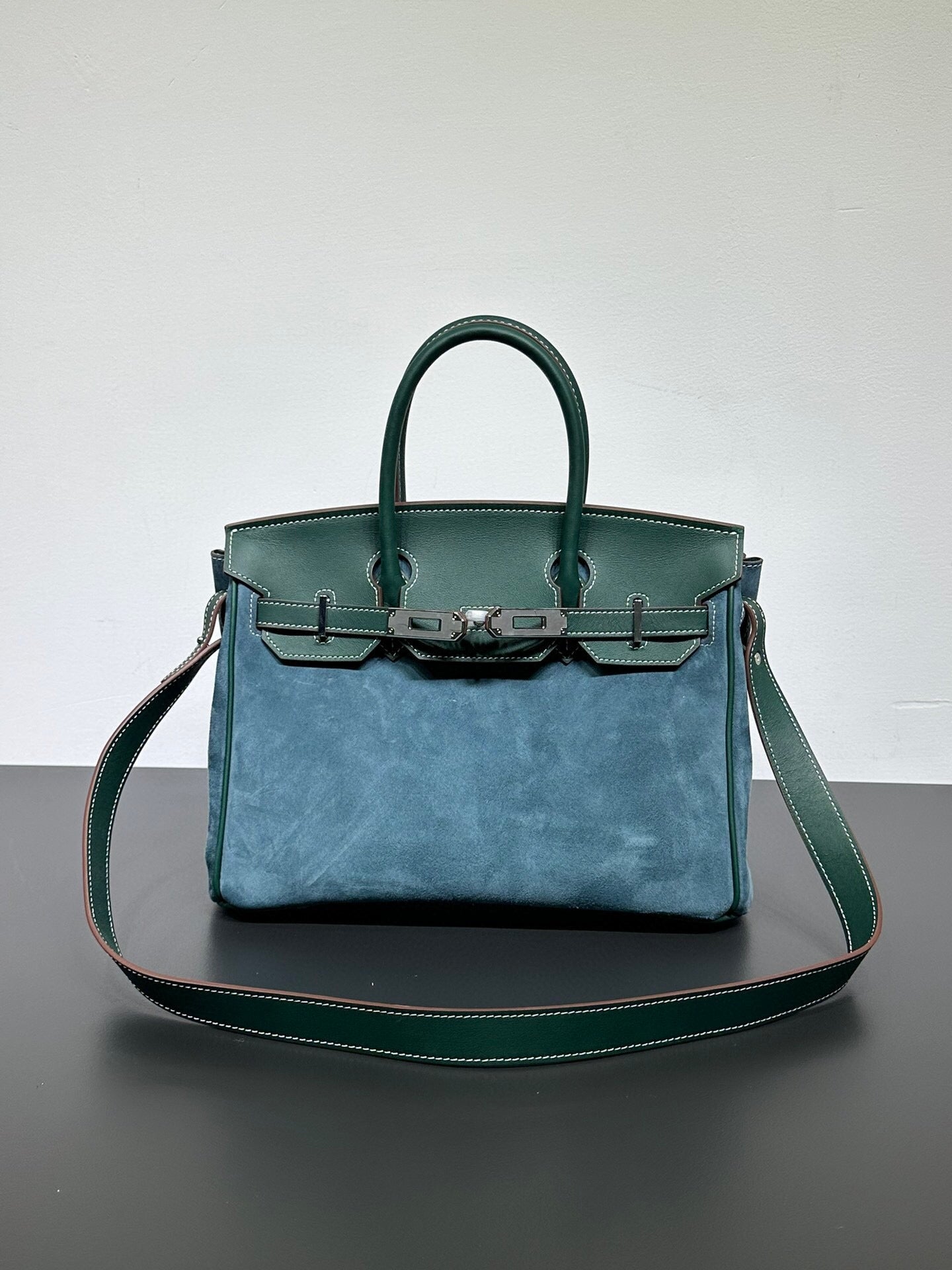 Womens Suede Leather Padlock Top Handle Bag Dark Green