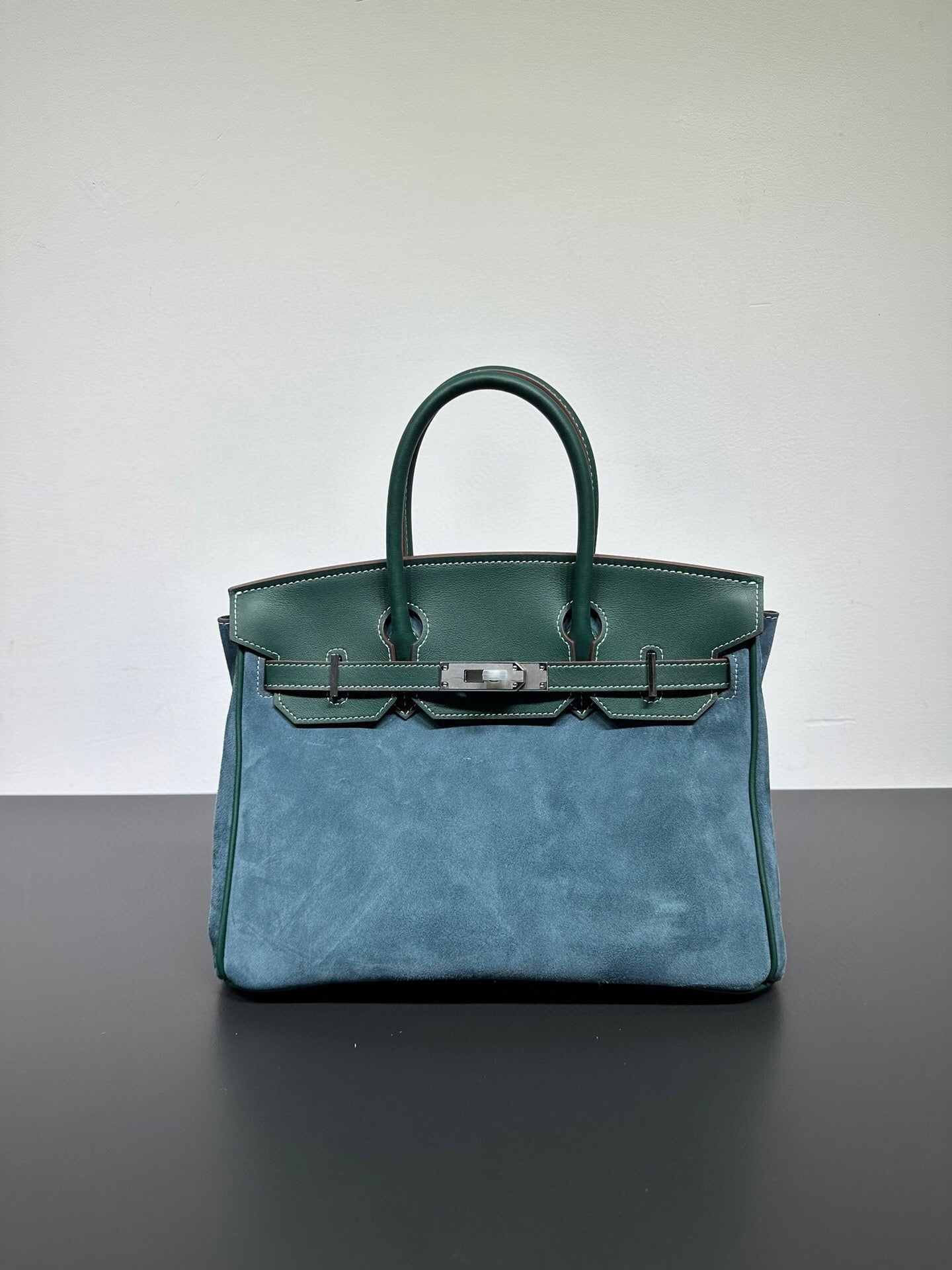 Womens Suede Leather Padlock Top Handle Bag Dark Green