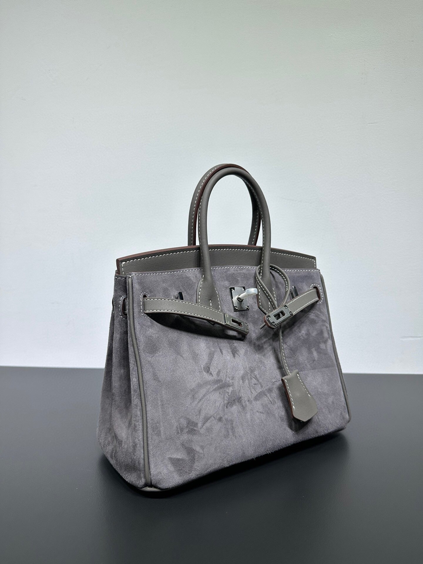 Womens Suede Leather Padlock Top Handle Bag Grey