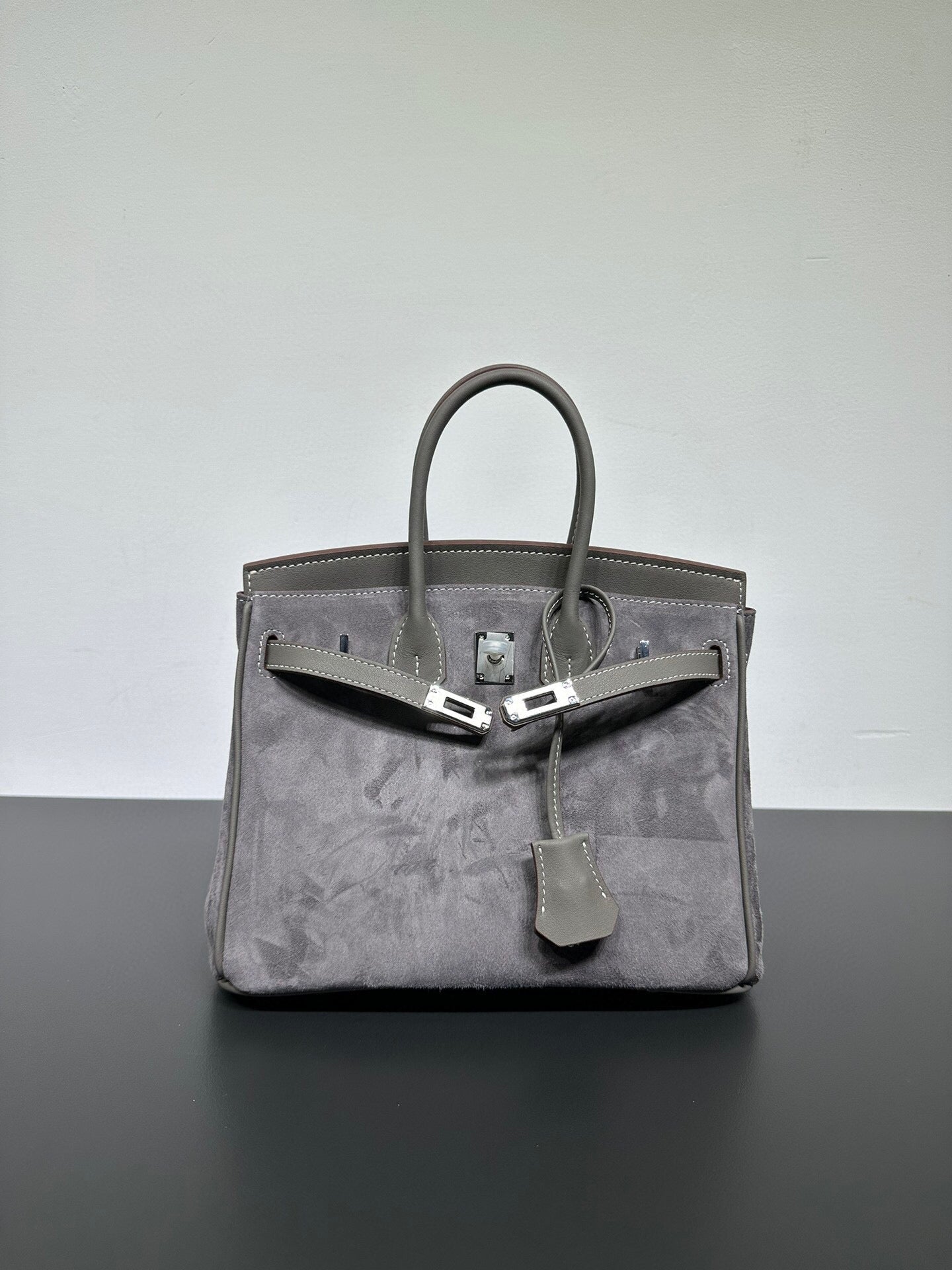 Womens Suede Leather Padlock Top Handle Bag Grey