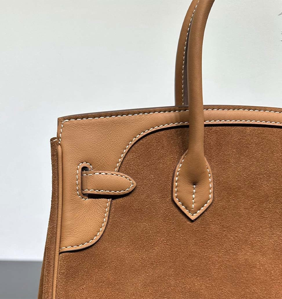 Womens Suede Leather Padlock Top Handle Bag Tan