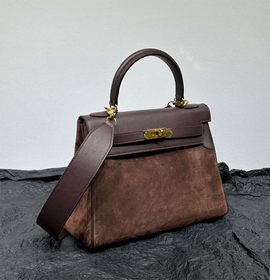 Womens Suede Leather Padlock Tote Bag Brown