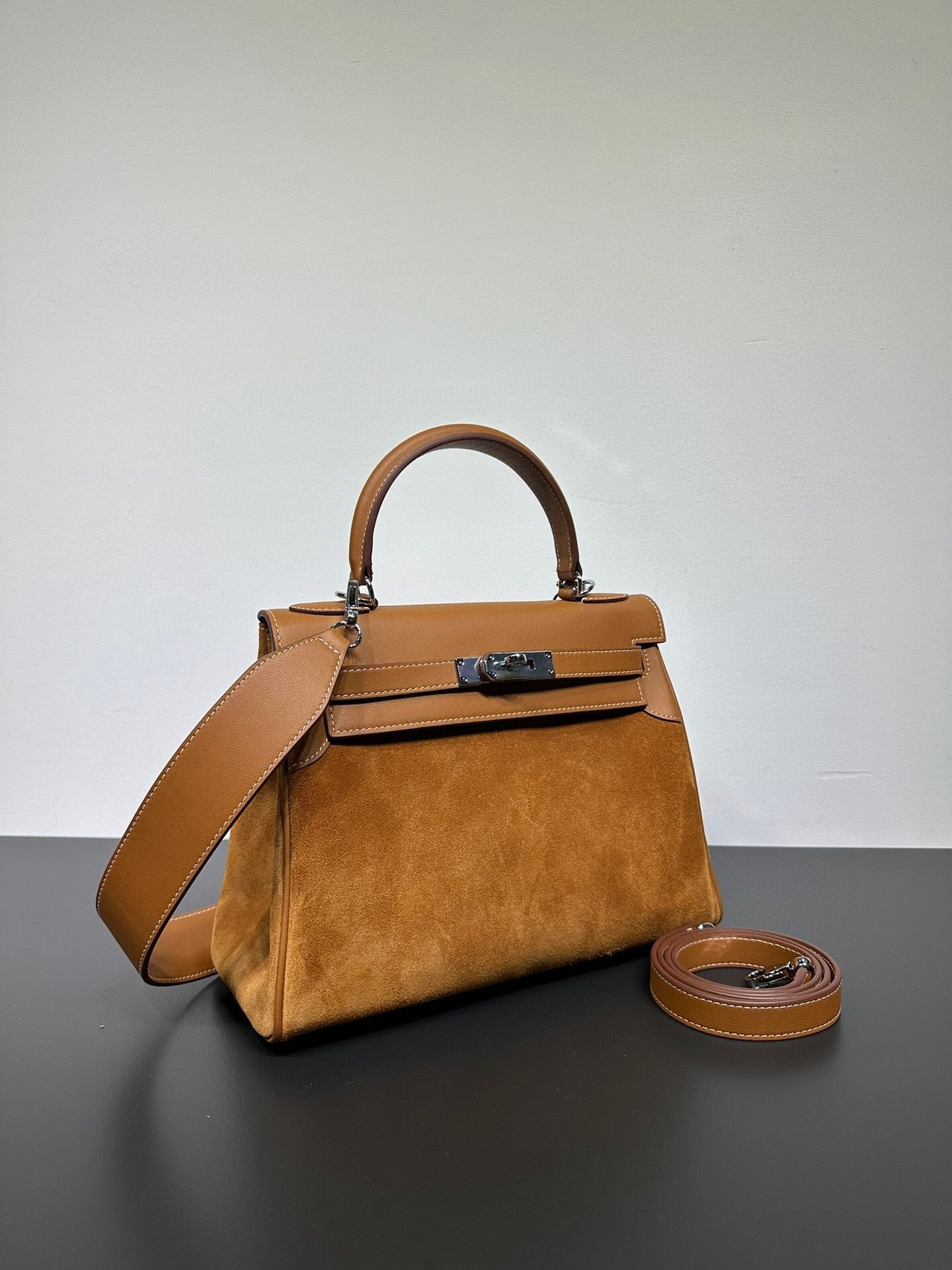 Womens Suede Leather Padlock Tote Bag Gold
