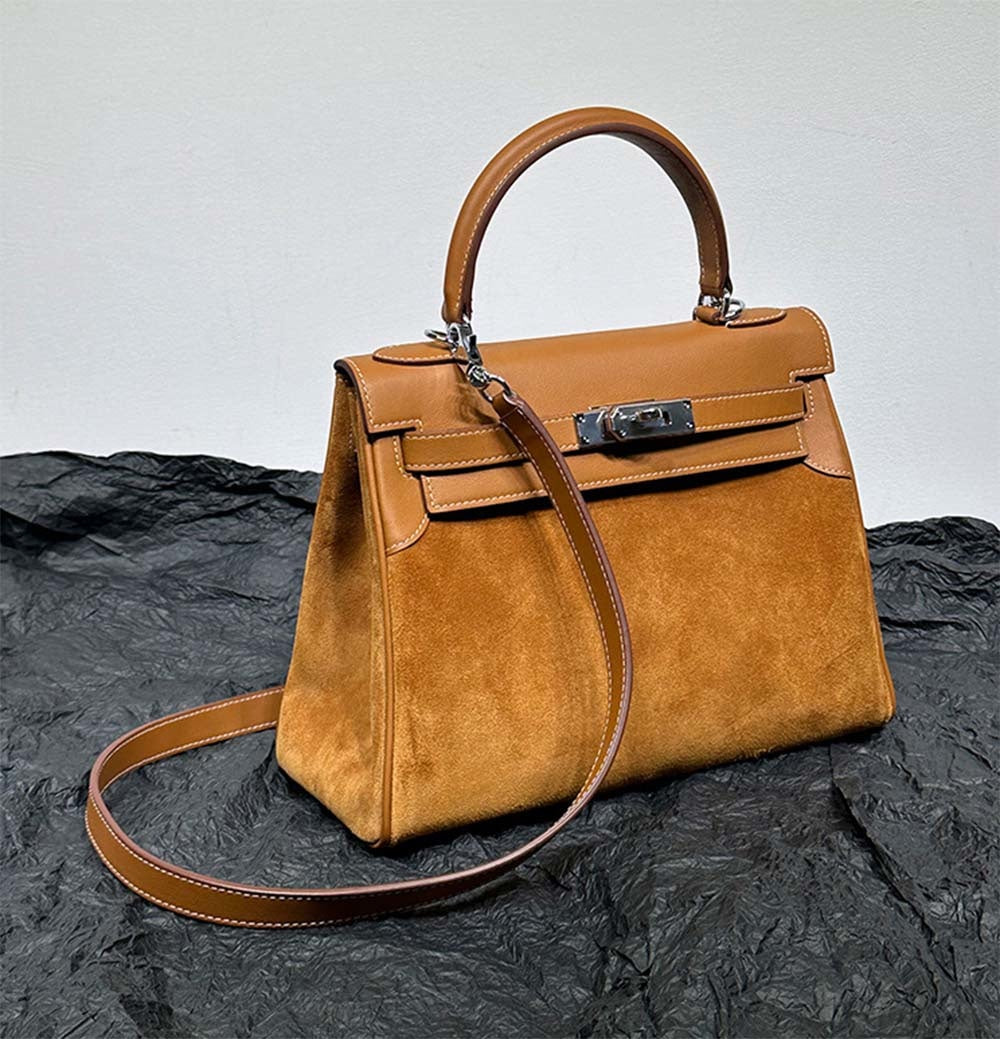 Womens Suede Leather Padlock Tote Bag Gold