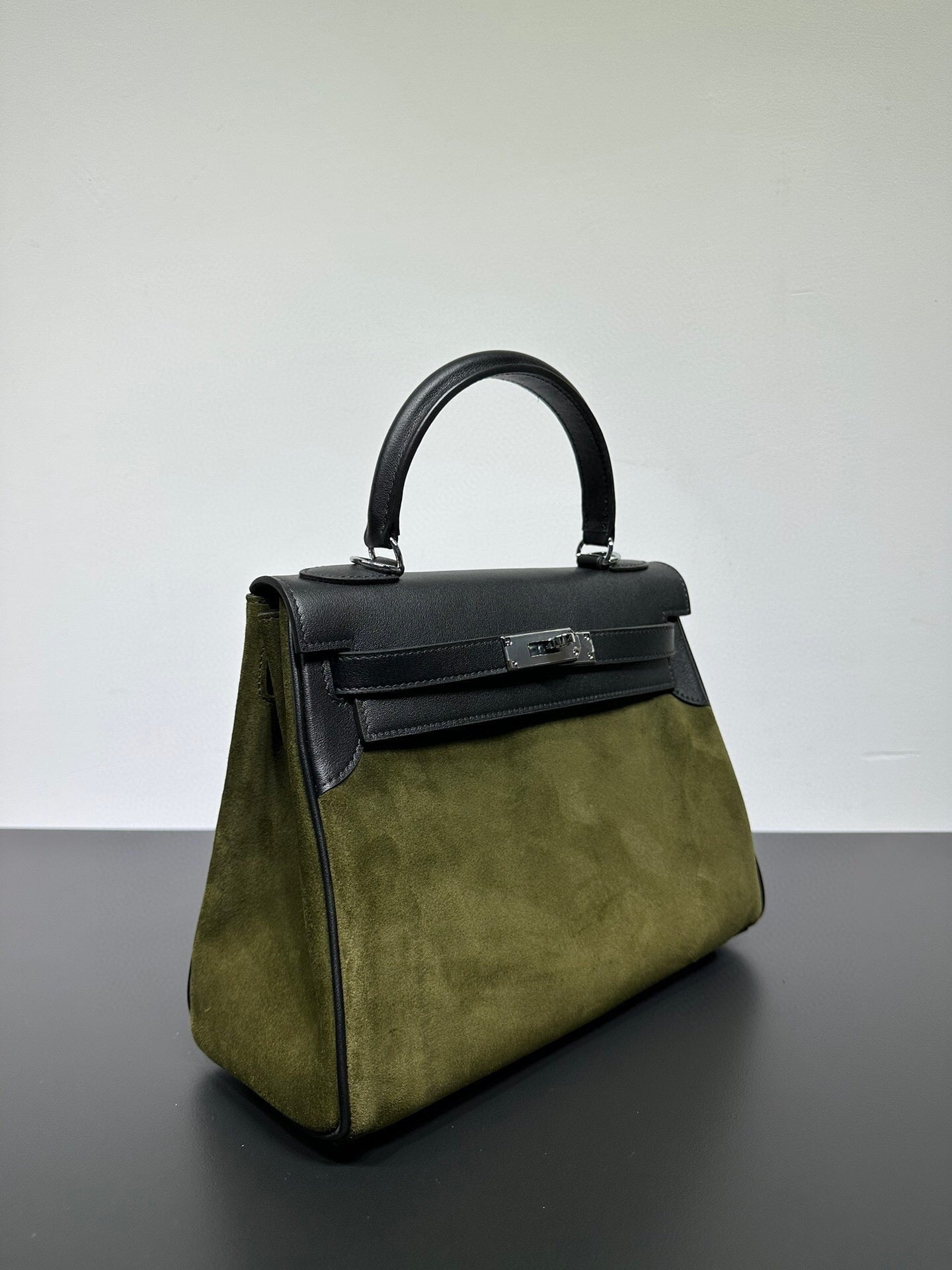 Womens Suede Leather Padlock Tote Bag Olive Green