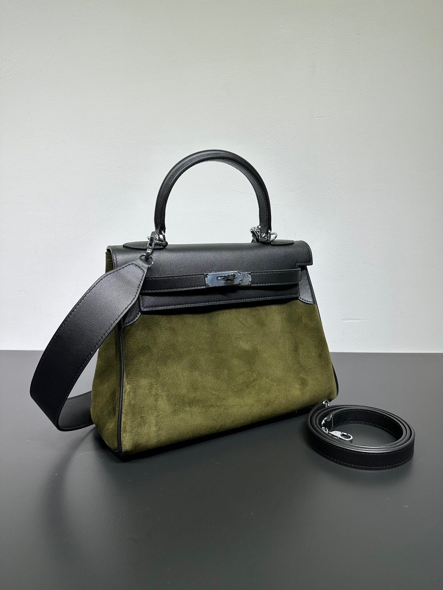 Womens Suede Leather Padlock Tote Bag Olive Green