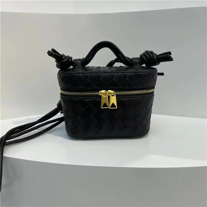 Womens Woven Calfskin Leather Box Cross Body Handle Bag