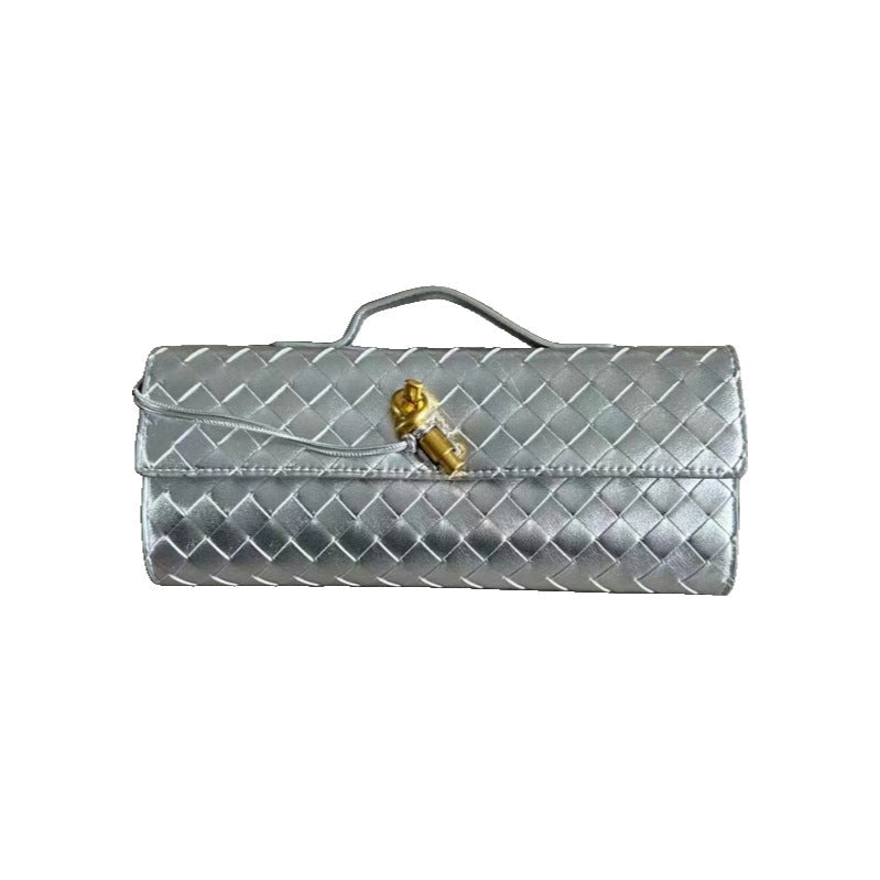 Womens Woven Leather Cross Body Handle Evening Clutch Bag