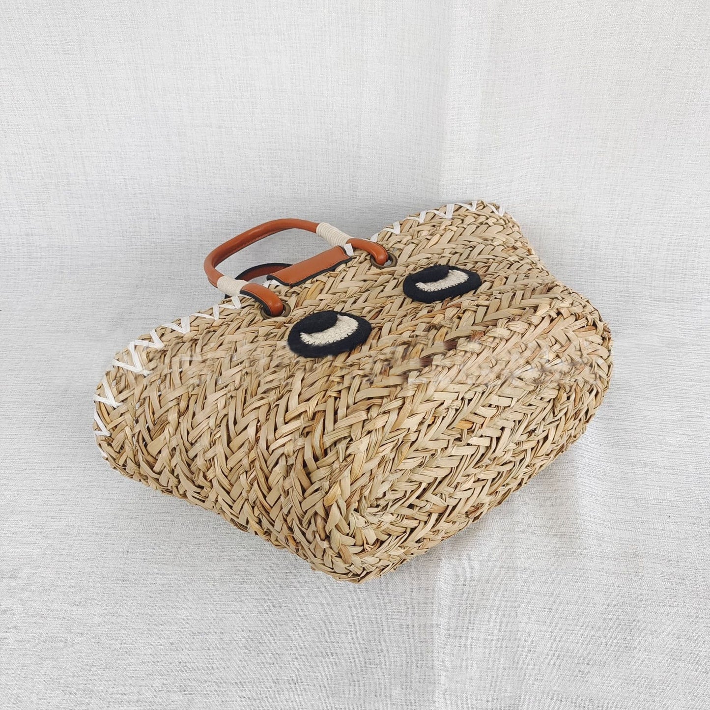 Big Eyes PU Leather-Timmed Woven Raffia Tote Basket Bag