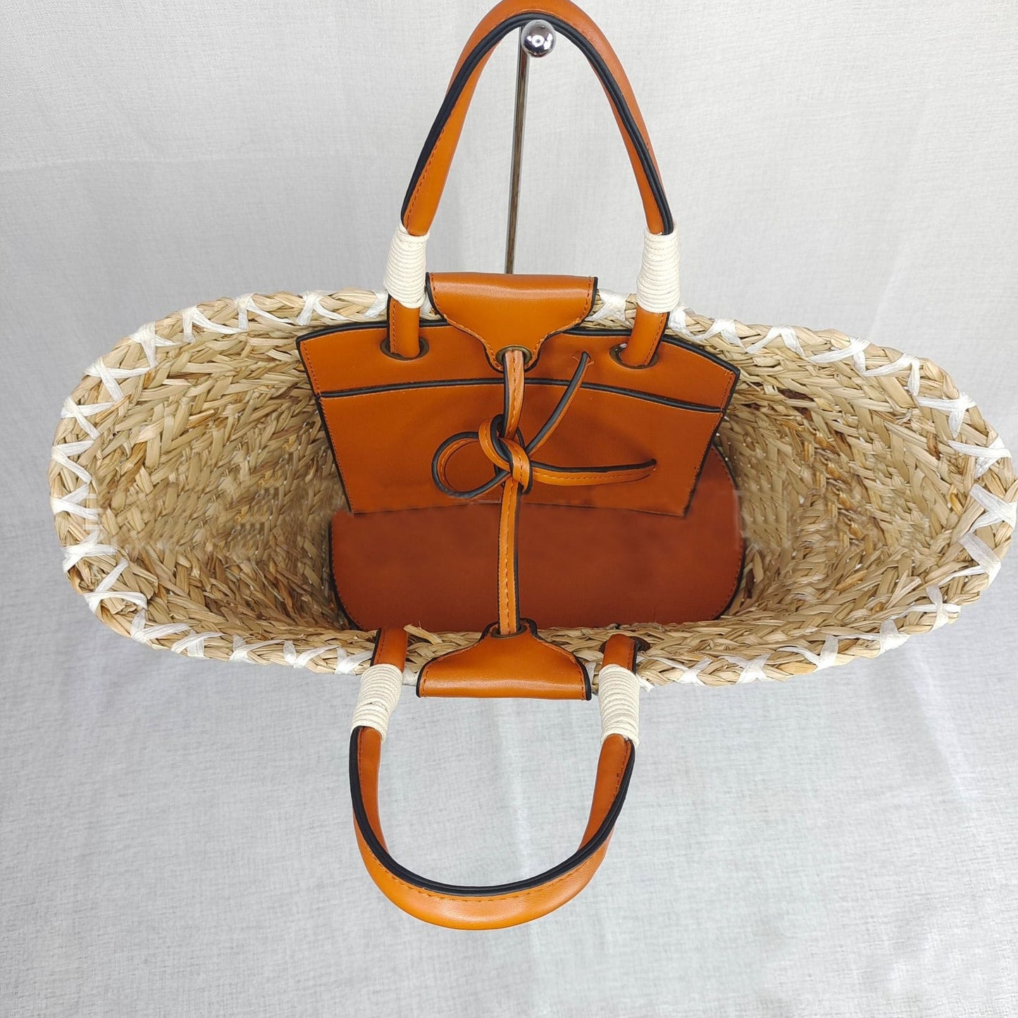 Big Eyes PU Leather-Timmed Woven Raffia Tote Basket Bag