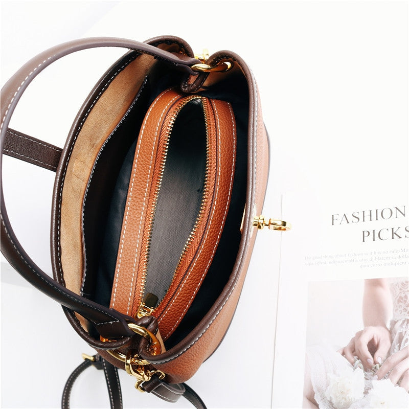 Contrast Color Leather Top Handle Bag