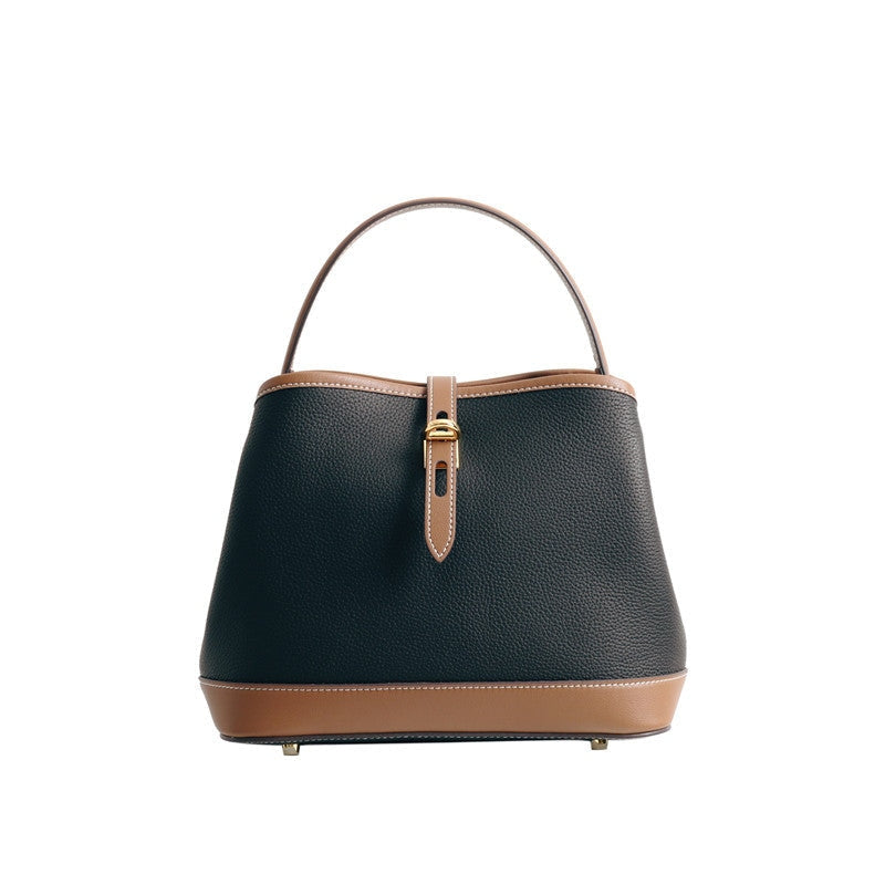 Contrast Color Leather Top Handle Bag