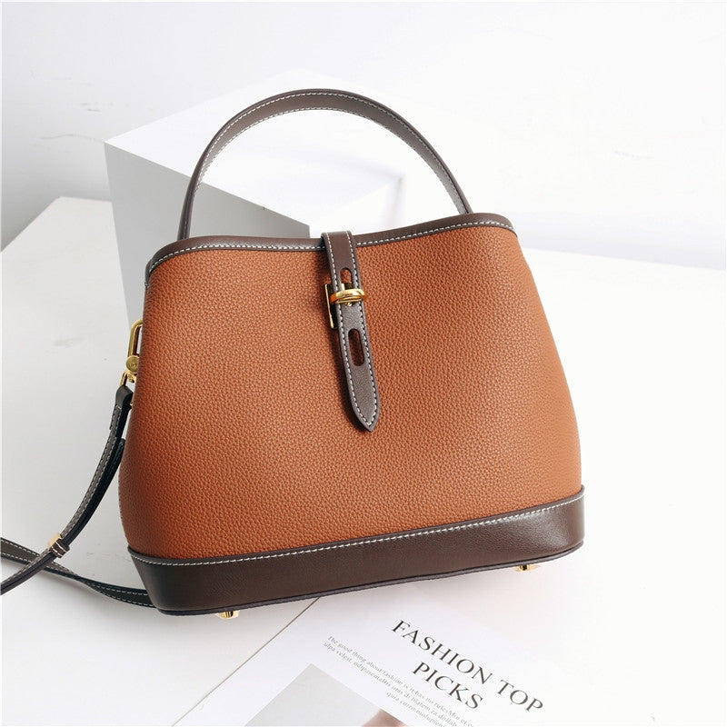 Contrast Color Leather Top Handle Bag