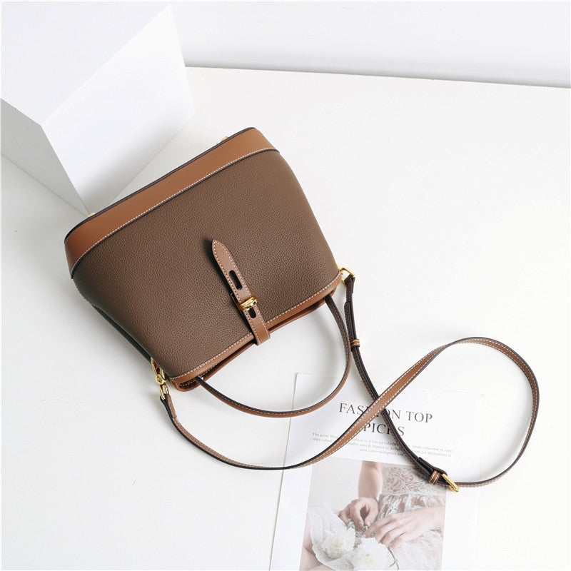 Contrast Color Leather Top Handle Bag