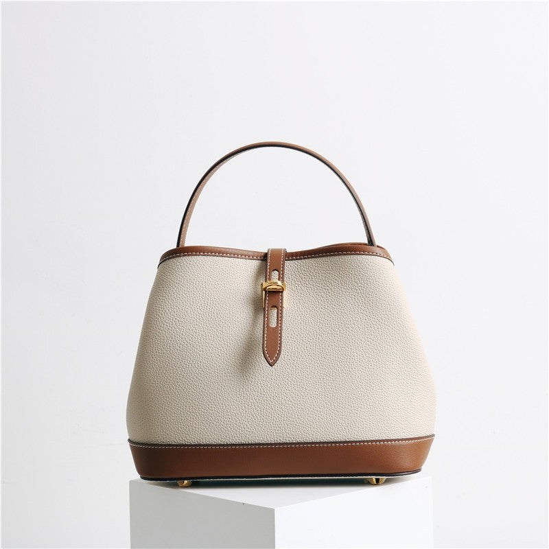 Contrast Color Leather Top Handle Bag