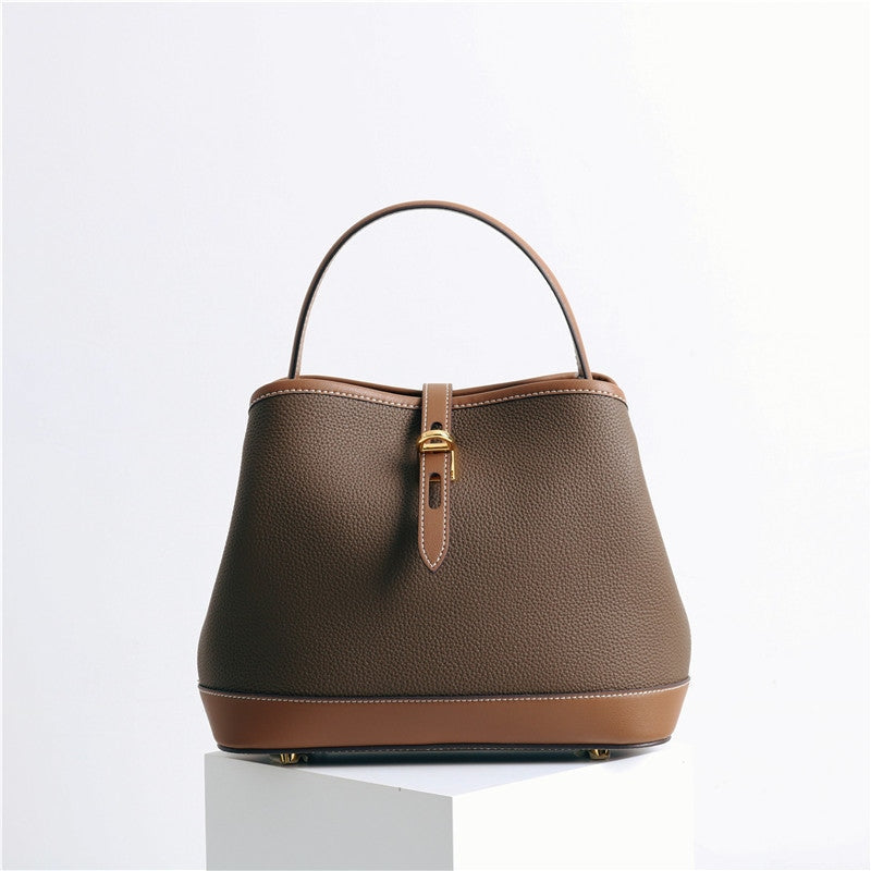 Contrast Color Leather Top Handle Bag