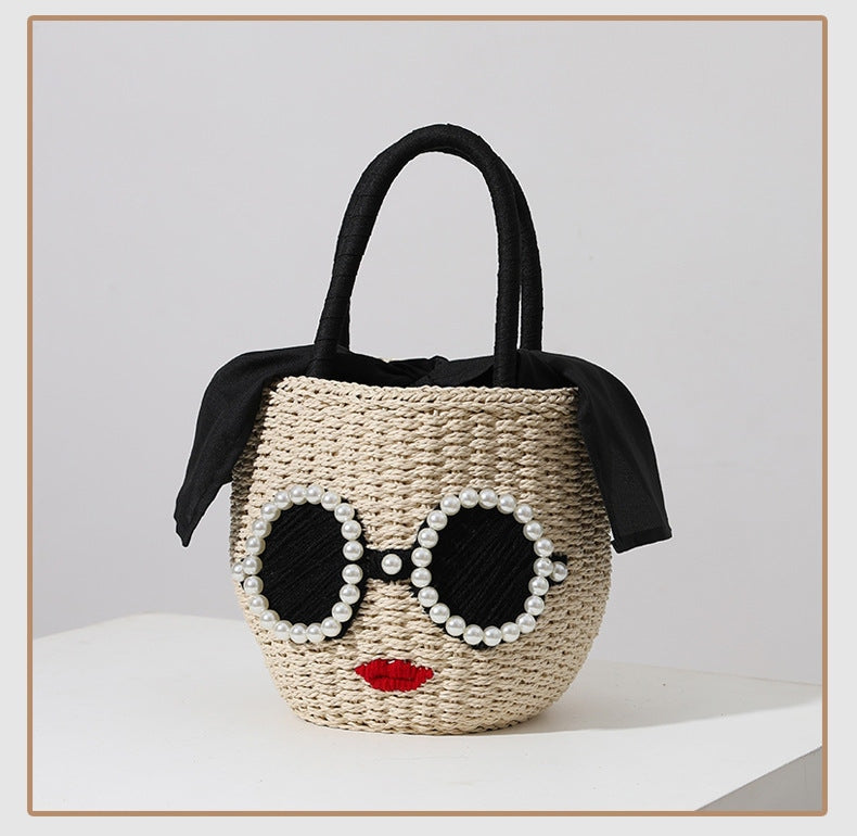 Fashion Lady Woven Raffia Tote Basket Bag With Pearls