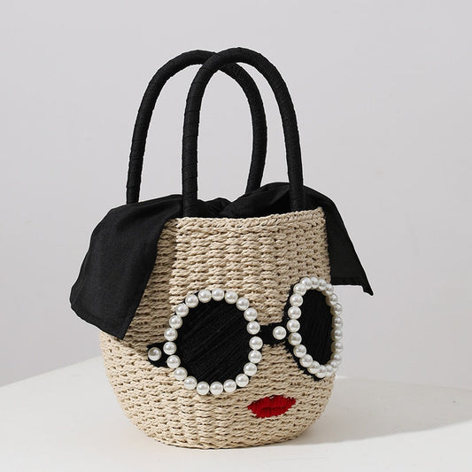 Fashion Lady Woven Raffia Tote Basket Bag With Pearls