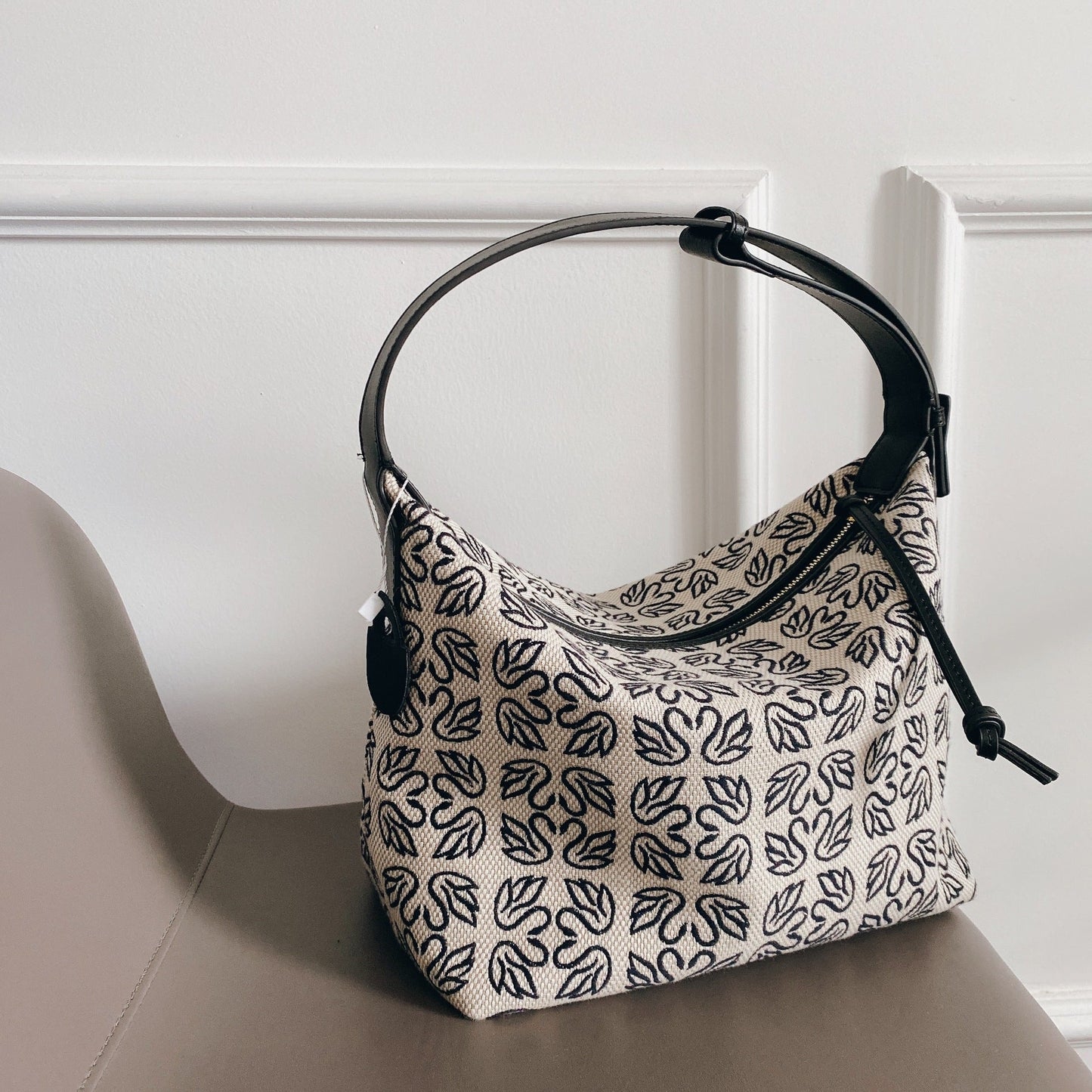 Jacquard Canvas Hobo Bag With Leather Trim