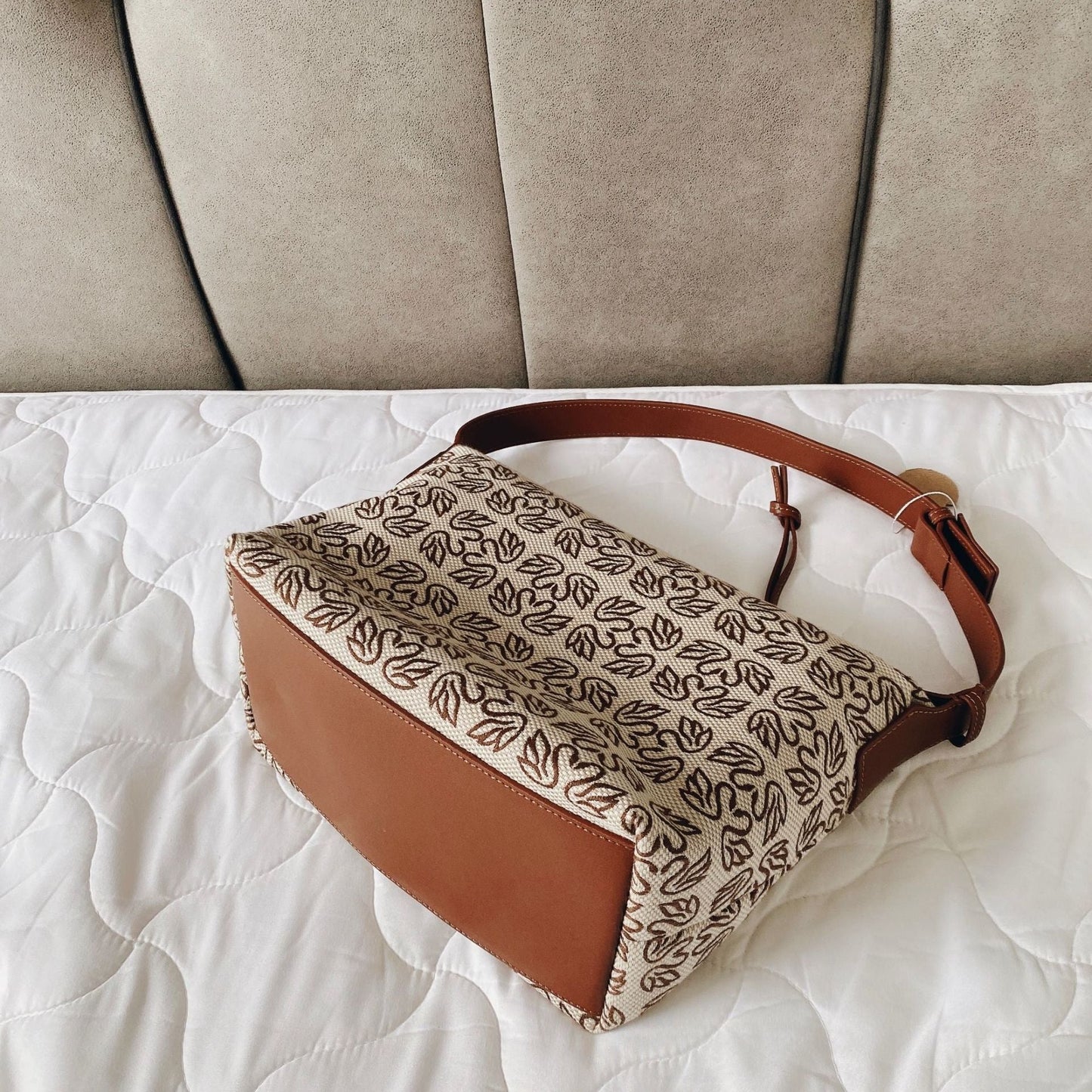 Jacquard Canvas Hobo Bag With Leather Trim
