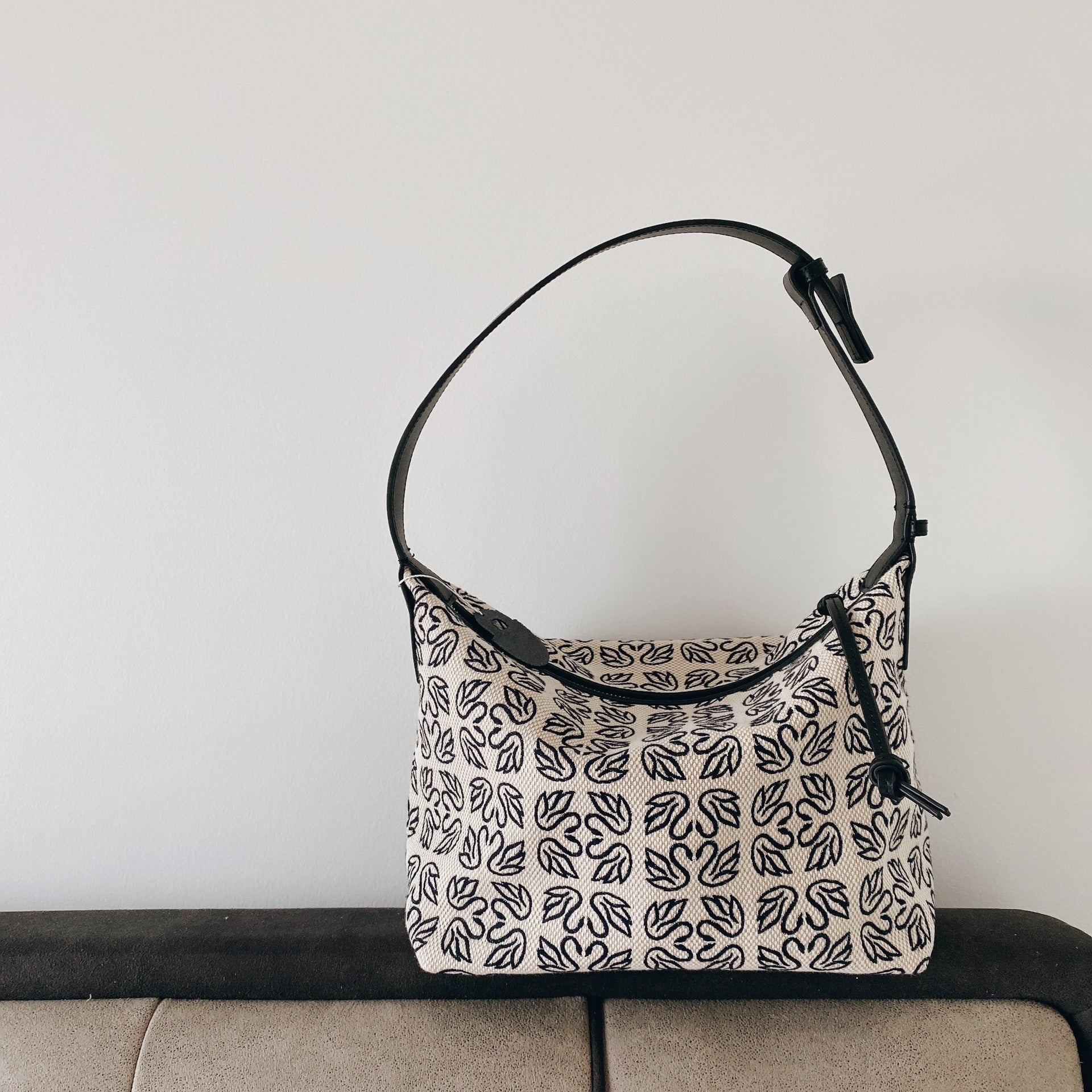 Jacquard Canvas Hobo Bag With Leather Trim